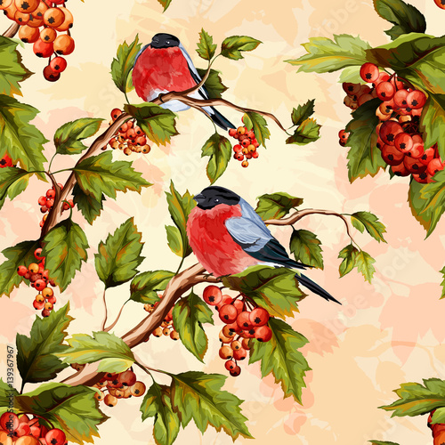 Berry tree (rowan-berry) with leaves and bird on it. Watercolor. Seamless background pattern. Vector - stock. 