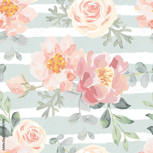 Pale pink roses and peonies with gray leaves on the striped background. Vector seamless pattern. Romantic garden flowers illustration. Faded colors.