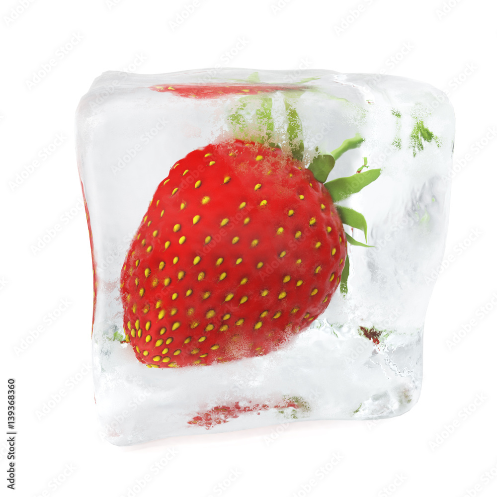 Naklejka Strawberry frozen in ice cube, ice cube in front view, single ice cube isolated on white background. 3d rendering