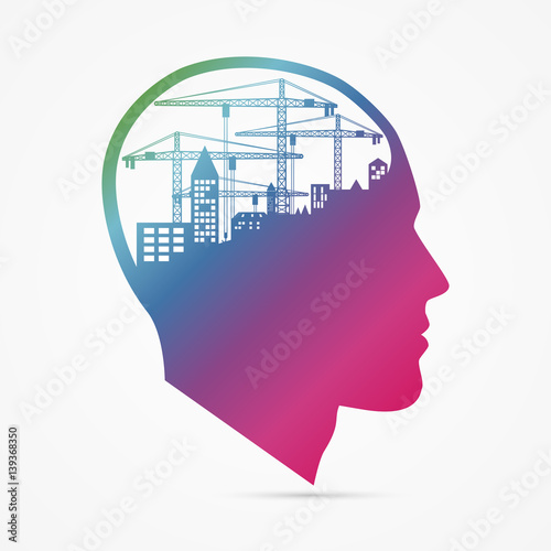 Creative head with crane. City under construction background