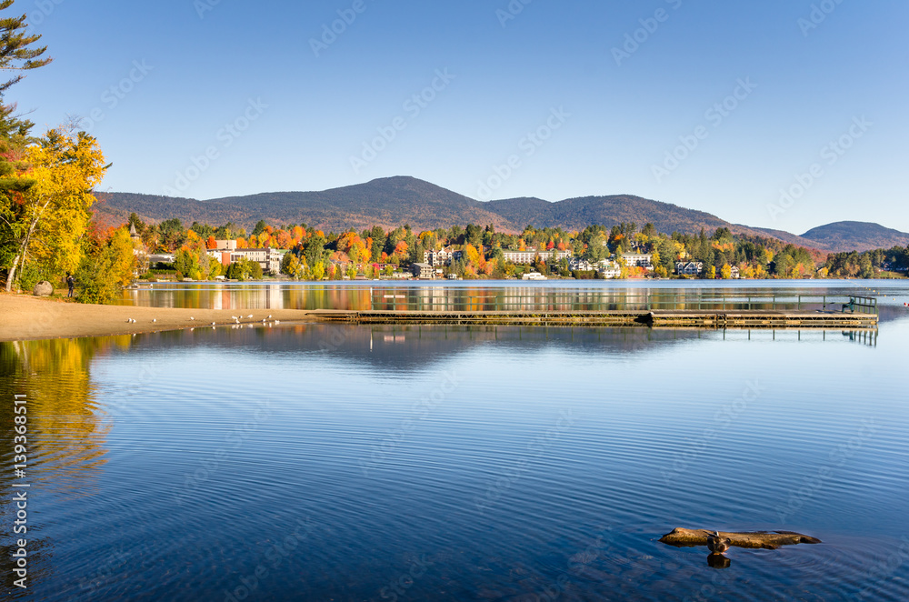 View Lake Palcid, NY, from Mirror Lake on a Clear Fall Morning