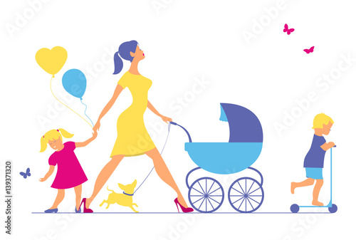 Woman with two children and dogs. Super mother walks with childr