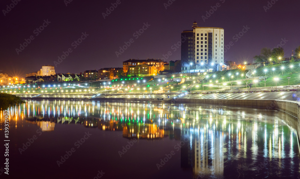 Night view on river Tura, and Embankment in Tyumen