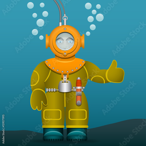 Diver in an old suit and scuba diving helmet. Cartoon style. Vector Image.