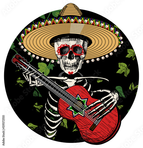 Sugar skull playing on Spanish guitar