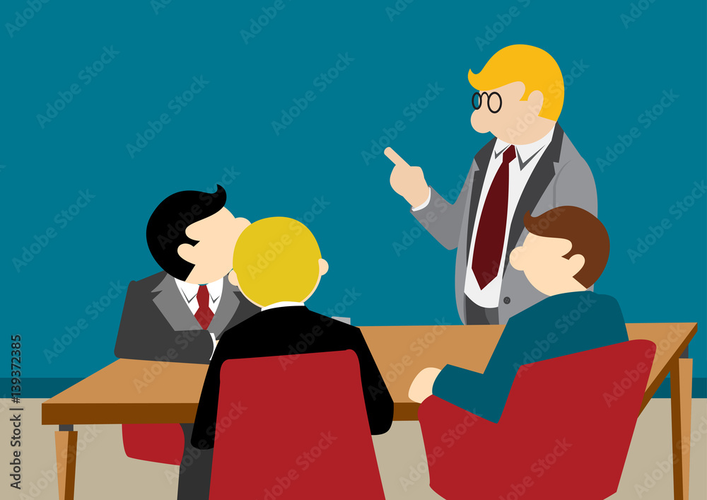 Simple business cartoon illustration of Group discussion meeting or