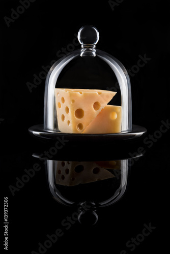Swiss cheese in a vintage platter with glass cover on a black background. Luxury cheese platter with mirror reflection.