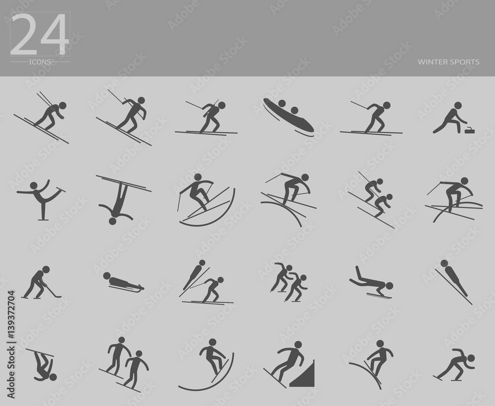 eps10 vector set of 24 winter sport icons. Silhouette sport sign collection. Indoor and outdoor activities, single and team sport included. Graphic illustration clip art for design, mobile, web, print