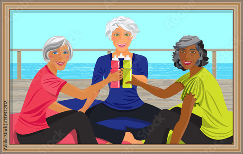 healthy senior multi-racial women sitting on yoga mats with water bottles on wood pier with ocean background, vector illustration