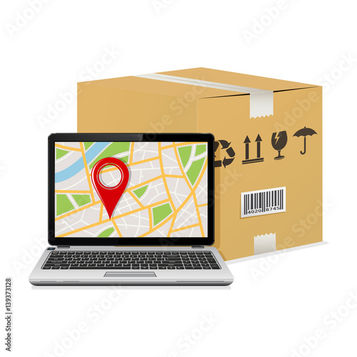 Shipping parcel tracking order design. Laptop with GPS map on screen and shipping cardboard box.