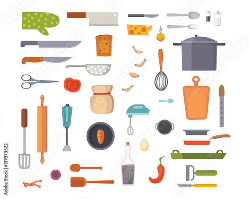 Vector Set Kitchen Utensils. cooking tools flat style. cook equipment isolated objects