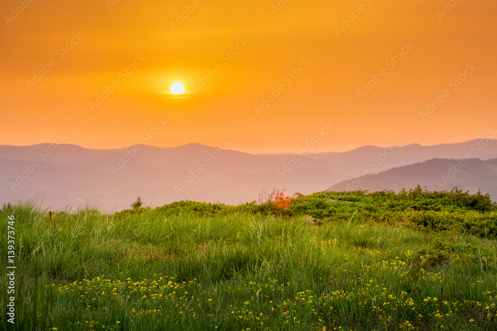 Plakat Majestic sunset in the mountains landscape. orange sky.
