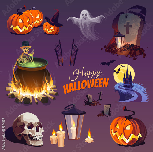 Сolorful Happy Halloween Elements and Objects for Design Projects