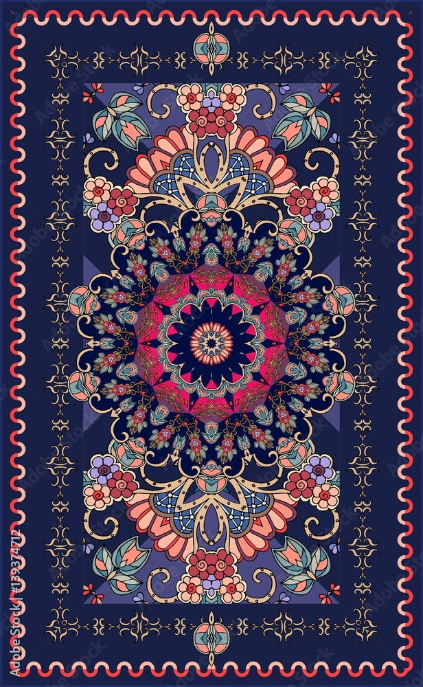 Ornamental dark blue rug with beautiful rosette and floral pattern. Indian,  persian, turkish, damask motives. Multicolor vector illustration. vector de  Stock | Adobe Stock