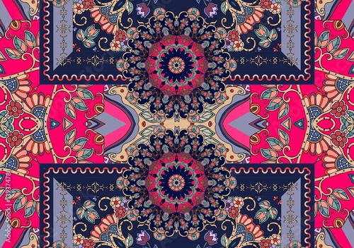 Seamless pattern in indian style. Unique carpet. Greeting card. Certificate.