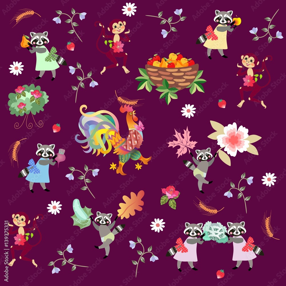 Harvesting. Fairy tale endless pattern with cute cartoon characters. Raccoons, monkeys, rooster and little birds. Greeting card. Vector illustration for baby. Harvesting. Fairy tale endless pattern with cute cartoon characters. Raccoons, monkeys, rooster and little birds. Greeting card. Vector illustration for baby.