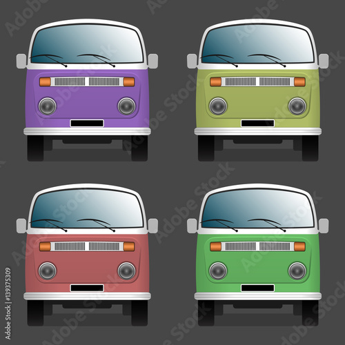 Minibuses. Colorful collection. Front view. Isolated objects. Vector.