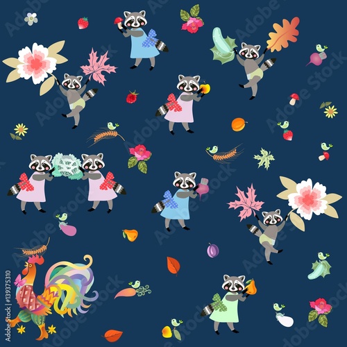 Harvesting. Fairy tale endless pattern with cute cartoon characters. Poultry, raccoons and little birds. Print for fabric. Vector illustration for baby.