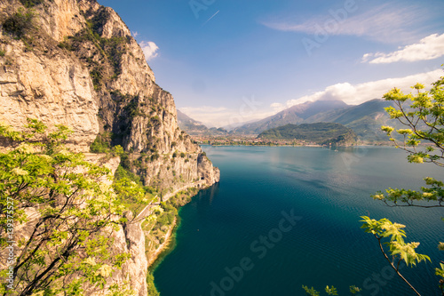 Panorama of the gorgeous Lake Garda surrounded by mountains.