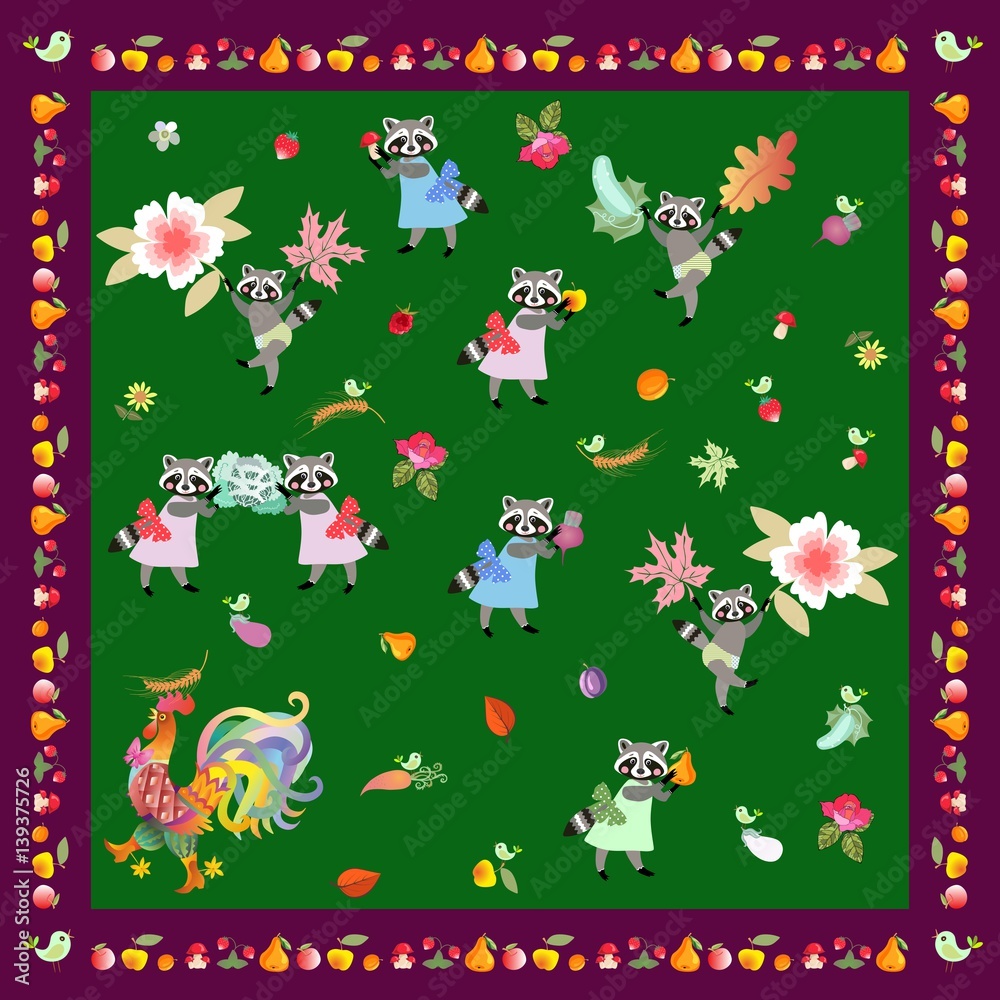Obraz premium Napkin, handkerchief or pillowcase for baby with cute cartoon characters and unusual frame from fruits. Rooster and funny raccoons on green background. Harvesting.