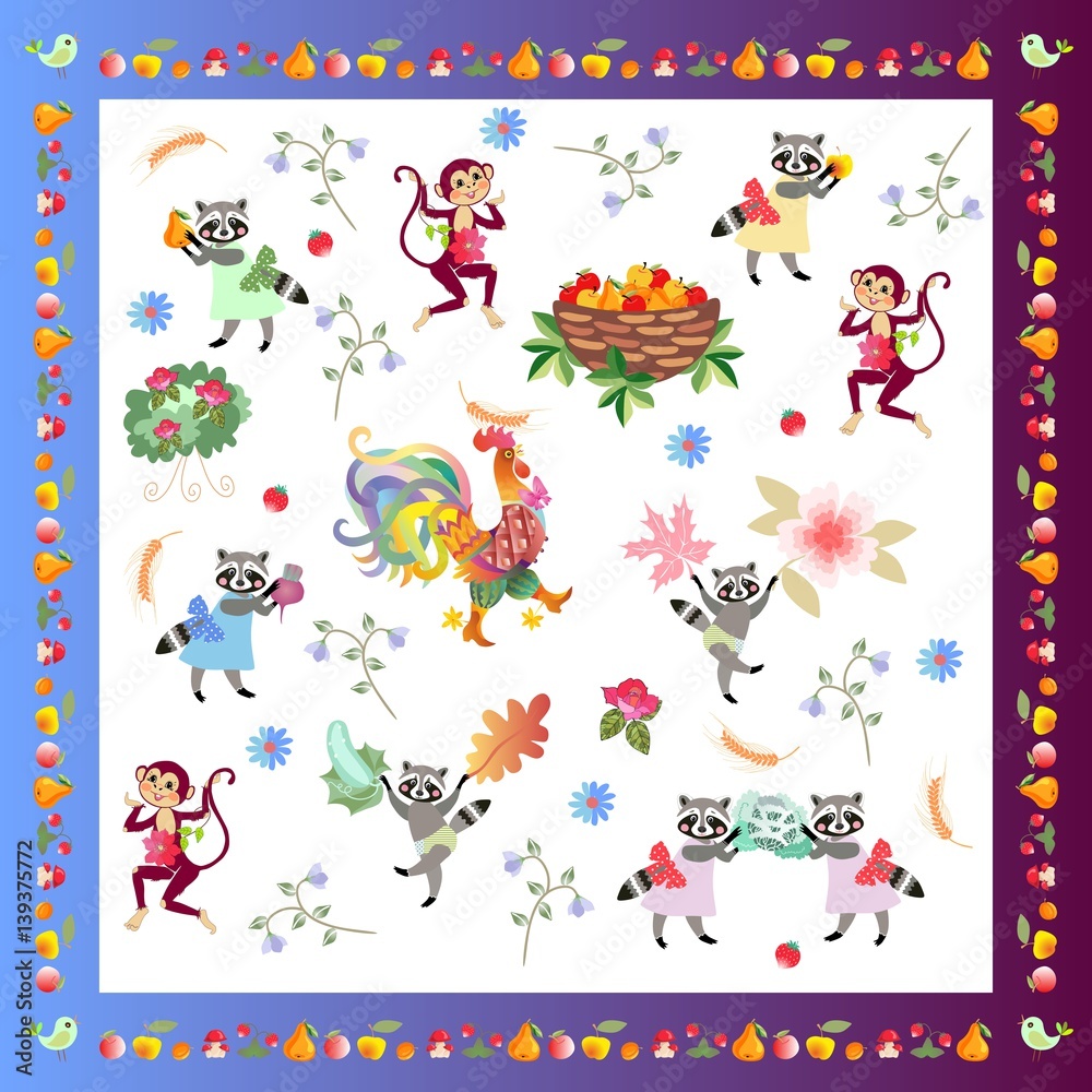 Rooster And Racoons Napkin, handkerchief or pillowcase for baby with cute cartoon ...