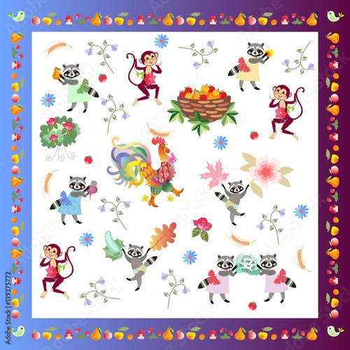 Wallpaper Mural Napkin, handkerchief or pillowcase for baby with cute cartoon characters and unusual frame from fruits. Rooster, monkeys and funny raccoons on white background. Harvesting. Torontodigital.ca