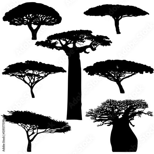 Billede på lærred Black silhouette various of African trees on a white background - vector