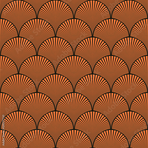 Seamless black and orange japanese art deco floral waves pattern vector