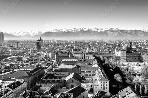 Turin (Torino), Italy - February 20, 2017: A panoramic view of Turin from Mole Antonelliana in a sunny day - black and white version