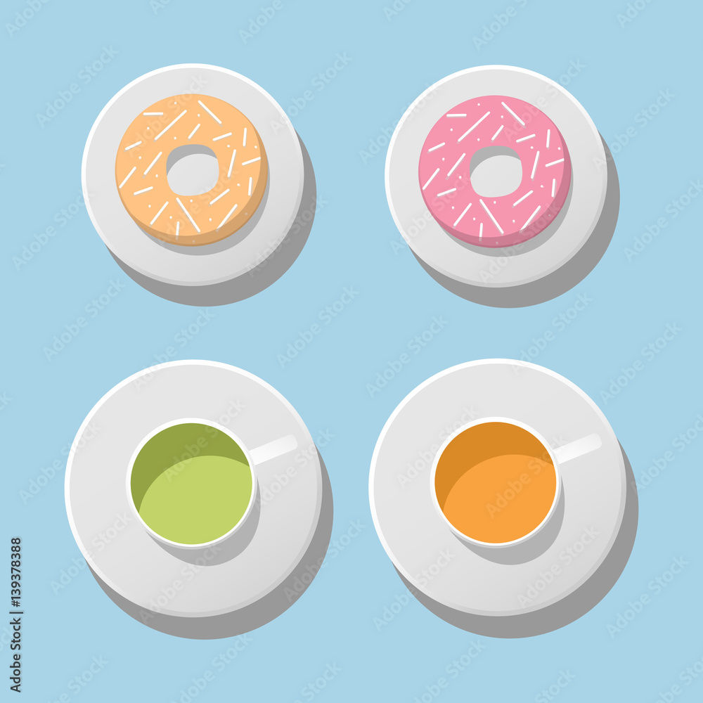 Vector mugs and donuts set insolated. Simple white mugs with tea and colorful donuts on blue background. Vector mugs and donuts set insolated. Simple white mugs with tea and colorful donuts on blue background.