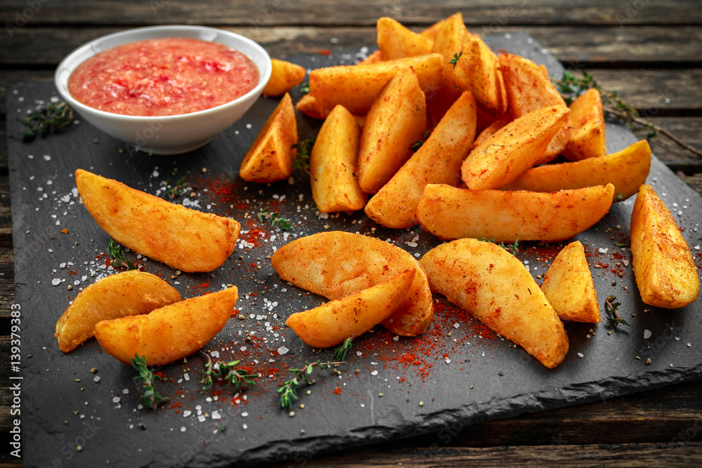 Fried potato wedges with hot salsa sauce, herbs on stone board