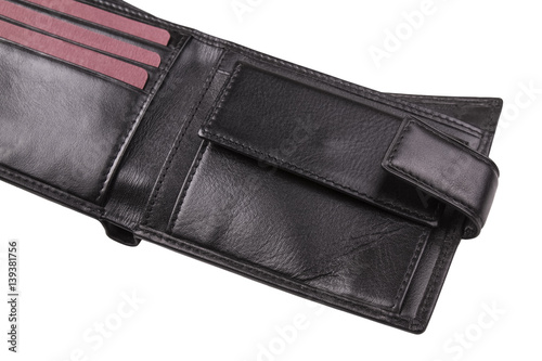 Leather men's wallet; pocket for coins close-up isolated on white background