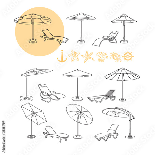 Vector set of umbrella, deck chair icons, sea symbols.