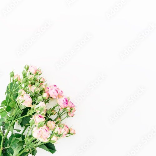 Pink roses isolated on white background. Flat lay, top view. Woman background