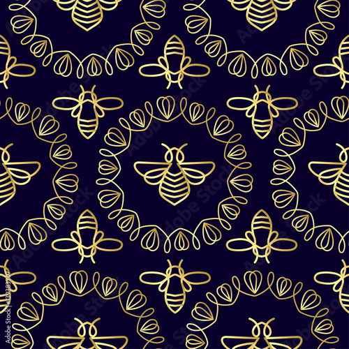 Seamless pattern with insect. Bee texture for corporate identity, packaging luxury brand product, eco-cosmetic, soap, medical product and honey. Style thin line. Decor for smartphone surface design