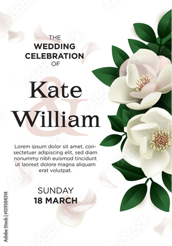 Vector invitation card template with magnolia flower.  Wedding premium invitation to the feast.