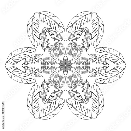 Mandala for coloring book page. Abstract decorative round ornament. Antistress art for adults. Vector design element. Natural  weave  floral motifs.