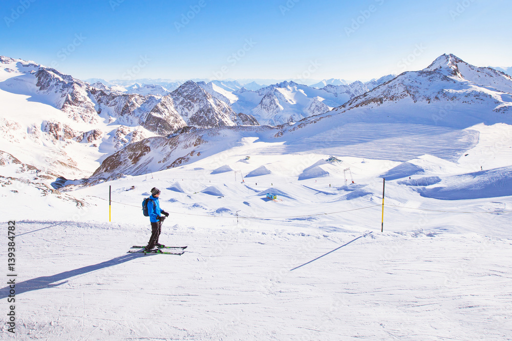 skiing downhill in mountains, winter holidays in Austria, Stubai