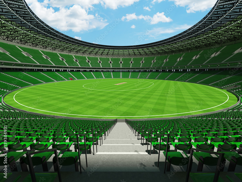 Obraz premium 3D render of a round cricket stadium with green seats and VIP boxes
