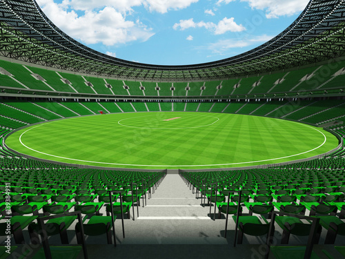 3D render of a round cricket stadium with green seats and VIP boxes