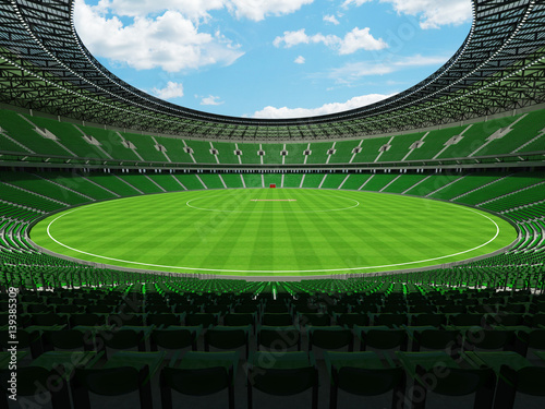 3D render of a round cricket stadium with green seats and VIP boxes