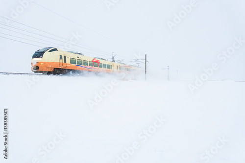 吹雪の中を走る列車