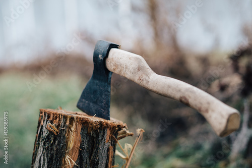 chop wood with an ax in the fresh air