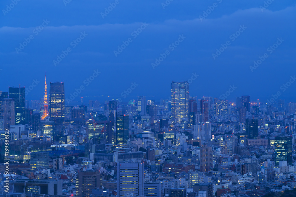 東京都市風景　トワイライト　東京タワーと六本木周辺　お台場まで望む