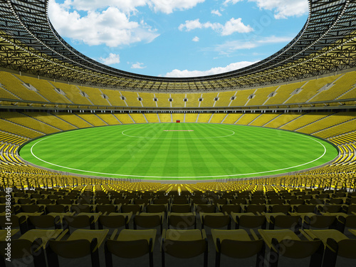 3D render of a round cricket stadium with bright yellow seats and VIP boxes