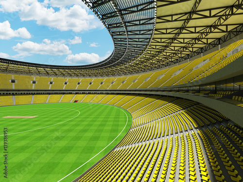 3D render of a round cricket stadium with bright yellow  seats and VIP boxes