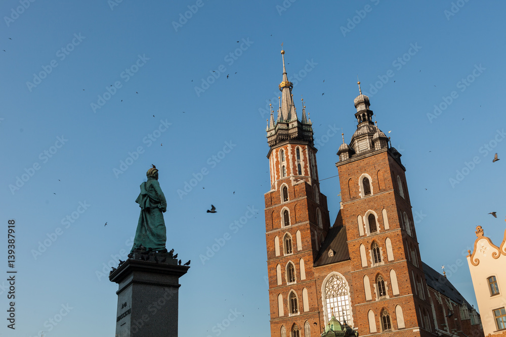 Market square and St. Mary's Basilica in Krakow, Poland.