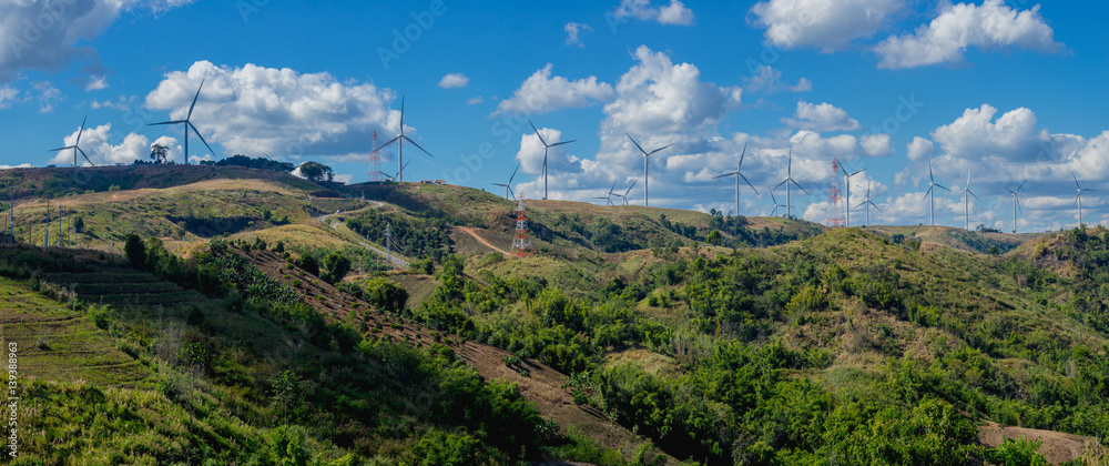 panorama landscape of  wind Turbine for alternative energy in Khao Kho, Phetchabun Province Thailand. Eco power