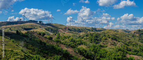 panorama landscape of wind Turbine for alternative energy in Khao Kho, Phetchabun Province Thailand. Eco power