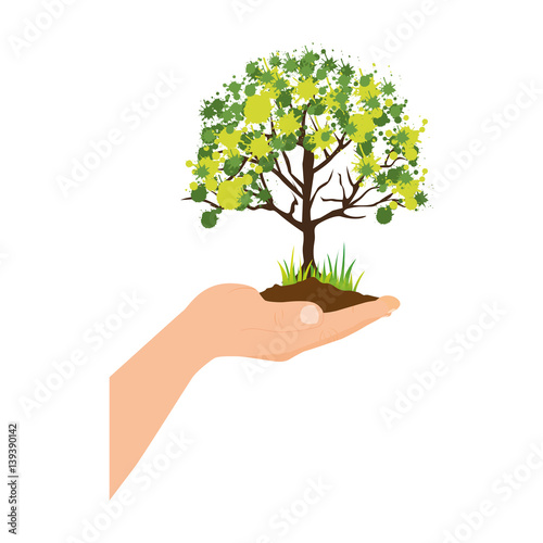 colorful silhouette with leafy tree over hand vector illustration